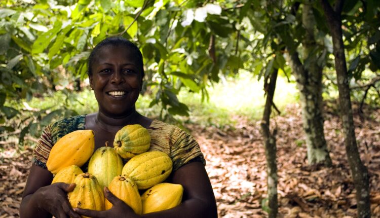 Mulher com frutos nas mãos