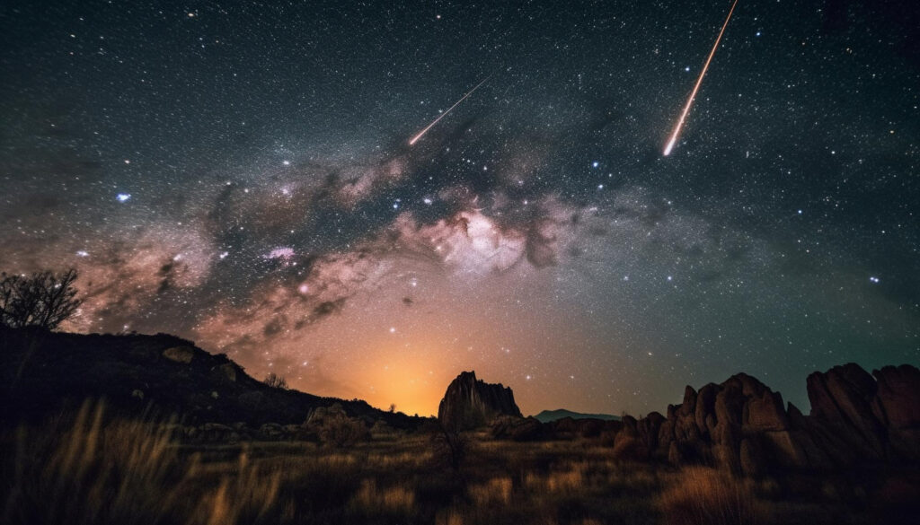 Uma noite estrelada se transforma em um espetáculo de luz com a chuva de meteoros de fevereiro, um evento celestial que promete encantar observadores. (Imagem de vecstock no Freepik)