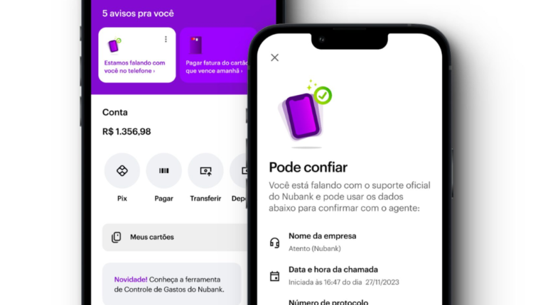 Duas telas de print do aplicativo do Nubank com a nova medida de segurança.