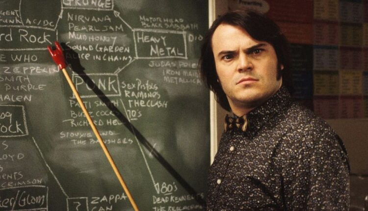 Jack Black pointing at board in School of Rock