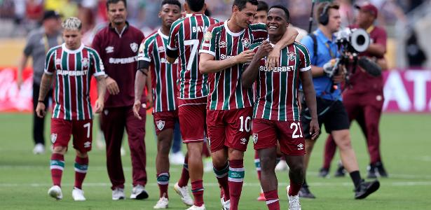 Jogadores do Fluminense celebram vitória sobre o Al-Hilal, no Mundial de Clubes