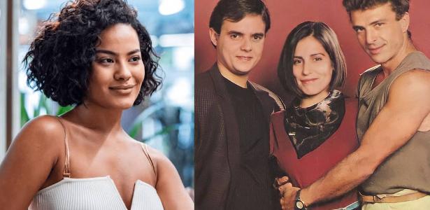 Maria de Fátima (Bella Campos) no remake; ao lado, Glória Pires entre Cássio Gabus Mendes e Carlos Alberto Riccelli