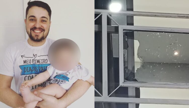 Advogado Carlison Jansen com o filho e vidro quebrado após ele ser baleado