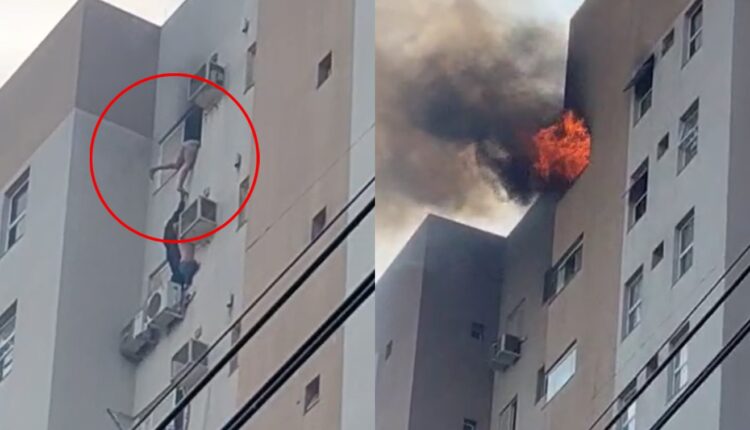 Montagem com fotos do prédio em chamas em Cascavel
