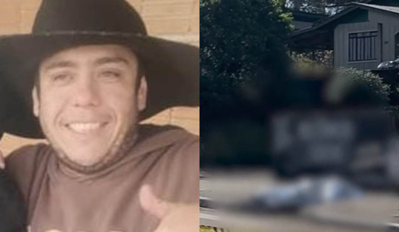 A família de Pedro Júnior afirma que sua ex-mulher matou por dinheiro. Na imagem, à esquerda, vemos a vítima, um homem branco utilizando um chapéu e sorrindo. À direita, vemos uma imagem de como o corpo foi encontrado. A imagem está borrada por apresentar conteúdo sensível.