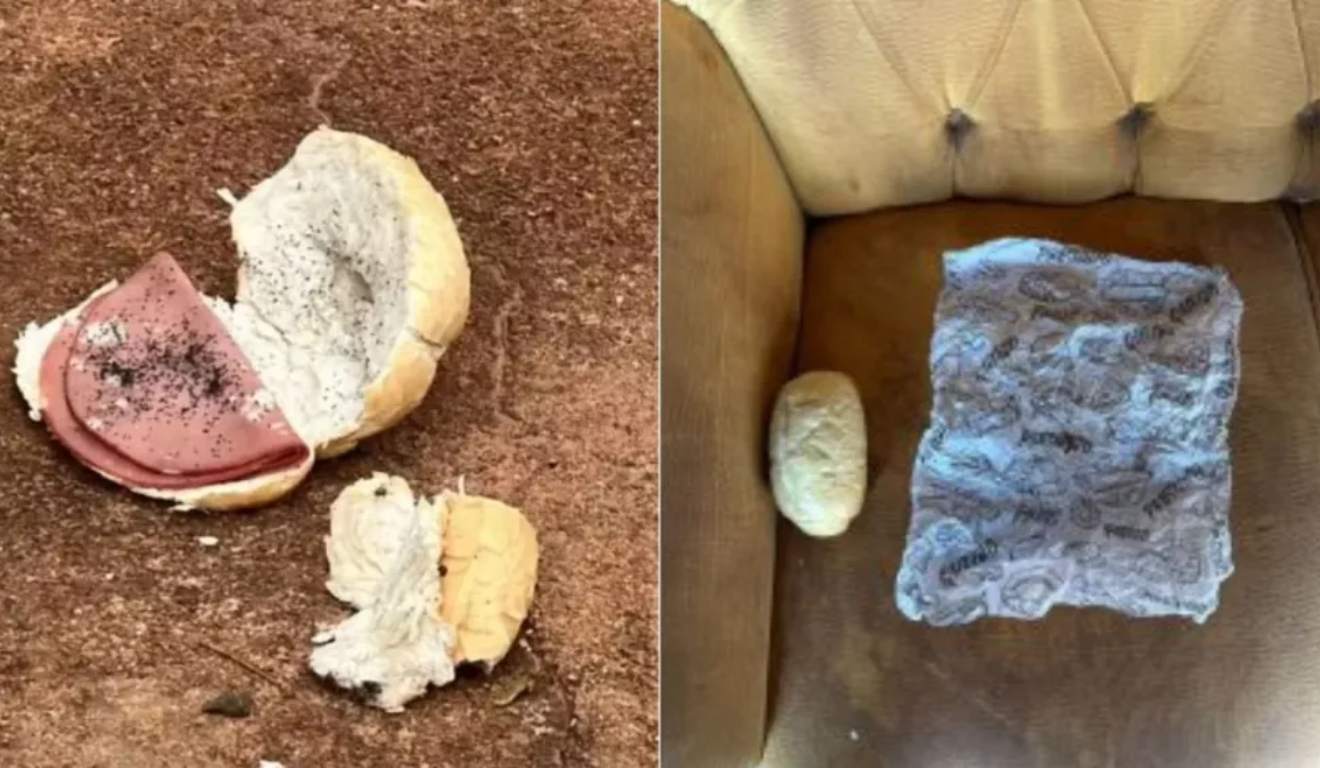 Um jovem morreu após comer um pão com mortadela envenenado. Na imagem, vemos o pão,  com a mortadela dentro.