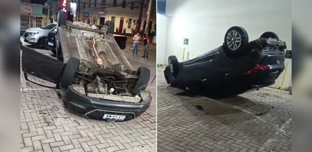 Imagens mostram momento em que carro é atingido e capota no Centro de Ponta Grossa