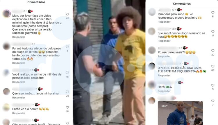 Montagem de foto com comentários sobre a briga de rua com o deputado Renato Freitas