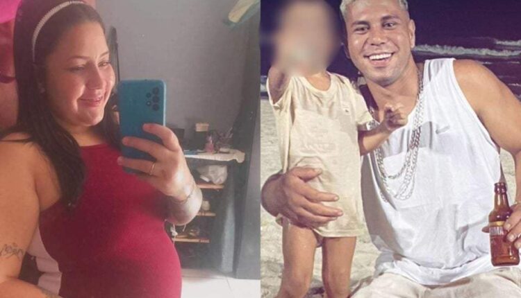 Mulher grávida morta a facadas com vestido vermelho e suspeito ao lado de criança em montagem