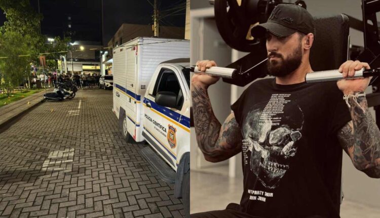 Montagem com fotos do local onde o personal trainer foi morto e da vítima 