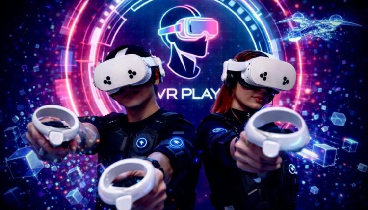 Jovens usam óculos de realidade virtual para promover o VR Play, o maior evento de cultura gamer do Brasil