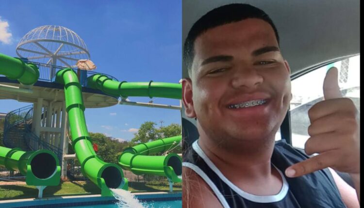 Montagem com foto de parque aquático e de Guilherme da Guerra Domingos, salva-vidas que morreu